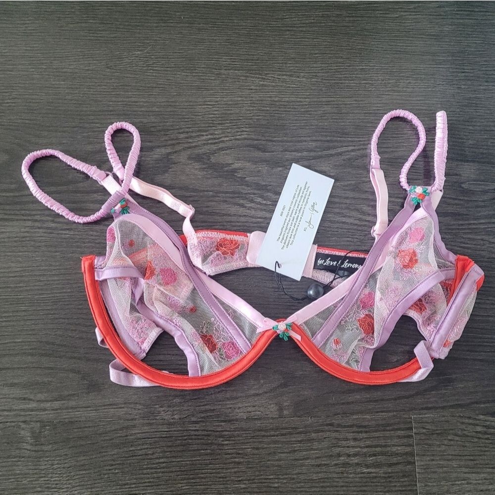 For Love & Lemons Rose Bloom Sheer Lace Bra Medium Floral Embroidered Sexy